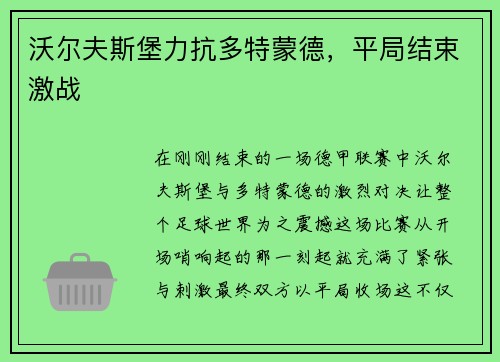 沃尔夫斯堡力抗多特蒙德，平局结束激战